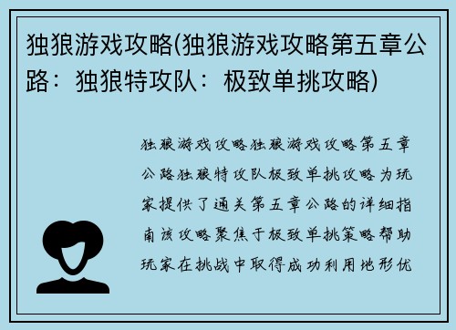 独狼游戏攻略(独狼游戏攻略第五章公路：独狼特攻队：极致单挑攻略)