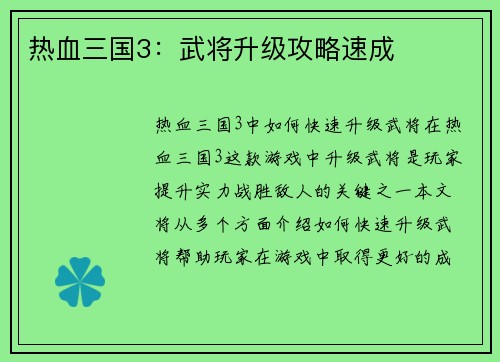 热血三国3：武将升级攻略速成