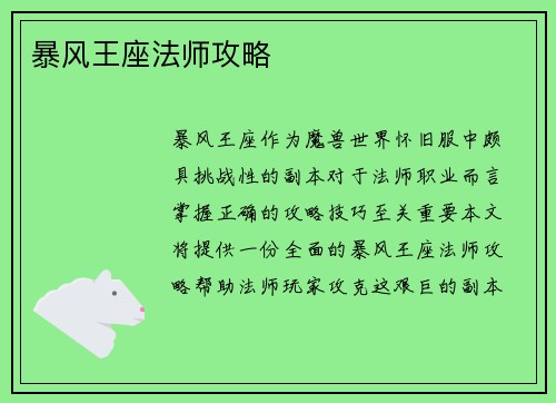 暴风王座法师攻略